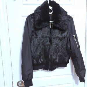 Black bomber jacket with rabbit hair front and detachable collar size small